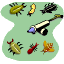 Animated graphic of pesticide spraying on bugs.